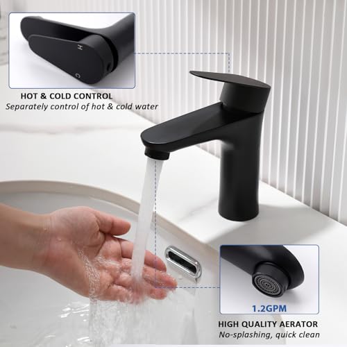 Black Bathroom Faucet,Single Handle Bathroom Sink Faucet, Commercial Bathroom Faucets,1 Hole Deck Mount RV Mixer Tap Lavatory Vanity Sink Faucet with Supply Lines KMBF008B