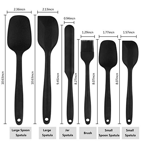 Shebaking Silicone Spatula, 6 pieces Heat Resistant Rubber Spatulas Set for Baking, Cooking and Mixing Kitchen Utensils Seamless One Piece Spatula with Stainless Steel Core (Black)