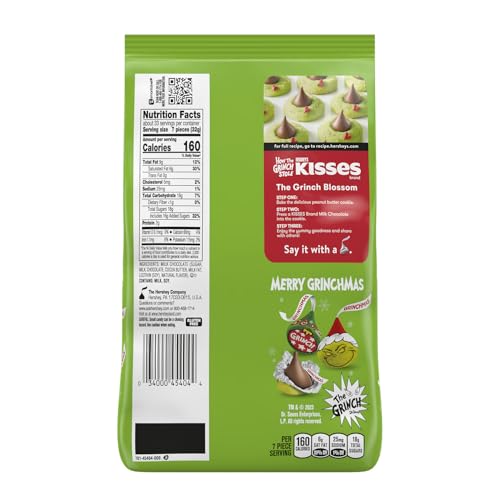 HERSHEY'S KISSES Grinch Milk Chocolate, Christmas Candy Bulk Bag, 37.28 oz