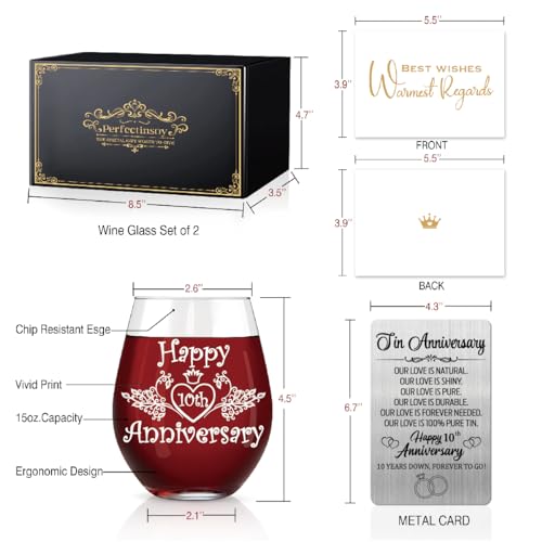 Perfectinsoy 10 Years of Being Mrs Always Right Wine Glasses Set of 2 with Metallic Memorial Card, 10th Wedding Birthday Gifts for Parents, Wife, Soulmate, Couple, Funny 10 Years Milestone Gift