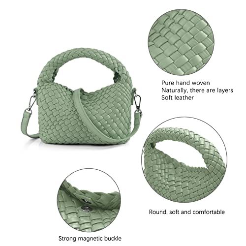Women Woven Tote Small Crossbody Bag, Weave Quilted Purse Square Shoulder Bag Woven Handbag with Detachable Strap (L-Green)