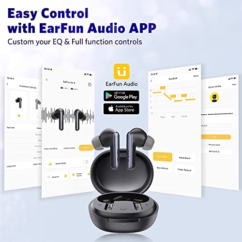 EarFun Air S Noise Cancelling Wireless Earbuds, Qualcomm® aptX™, 4 Mics CVC 8.0 Call, Multipoint Connection, Wireless Charging, 10mm Wool Composite Drivers, App with Custom EQ, Game Mode, Black