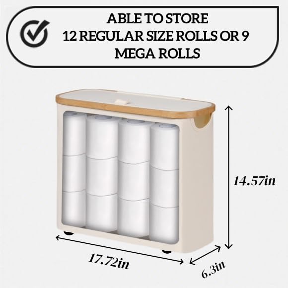 Toilet Paper Storage Basket with Lid, Large Capacity for 12 Rolls, Stackable and Foldable Freestanding Paper Towel Holder - Space Saving Modern Beige Design