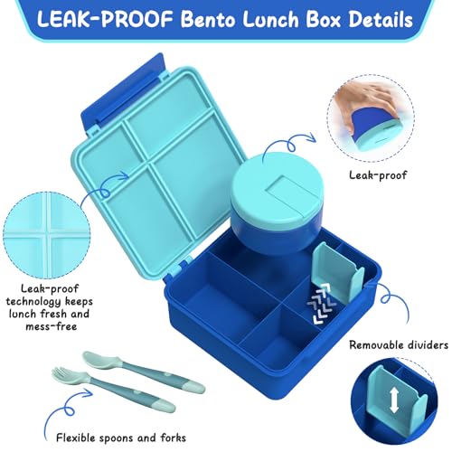 Bento Lunch Box with 8oz Soup Thermo, Leak-Proof Lunch Containers with 4 Compartment, Thermo Hot Food Jar and Insulated Lunch Bag for School Black