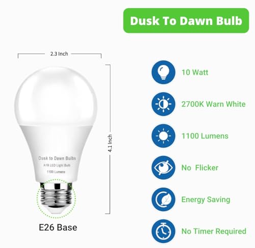 GEPLAD 4 Pack Dusk to Dawn Light Bulbs Outdoor, 2700K Warm White 1100LM,Sensor A19 LED Light Bulb, Auto on/Off Photocell Automatic for Indoor & Outdoor Lighting (Non-Dimmable)