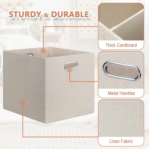 Posprica 13x15x13in Collapsible Storage Bins, Fabric Foldable Cube Storage Boxes, Decorative Storage Baskets Organizer for IKEA Kallax, Shelves, Closet, Clothes, Toy, Set of 4-Beige