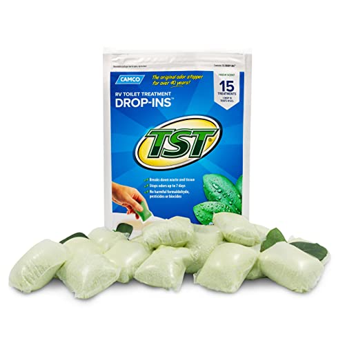 Camco TST RV Toilet Treatment Drop-INs | Control Unwanted Odors and Break Down Waste and Tissue | Septic Tank Safe | Fresh Scent | 15-pack (40264)