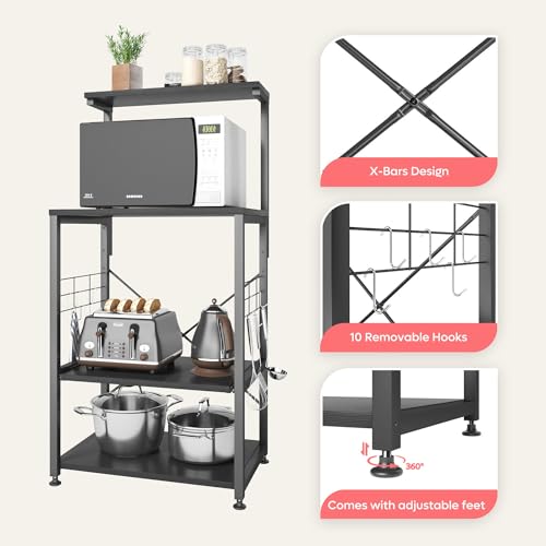 Bestier Bakers Rack, 4-Tier Microwave Stand Coffee Bar Table on Wheels, Utility Storage Rack with Sliding Shelf & 10 Side Hooks for Kitchen, Living Room, Dining Room, Black