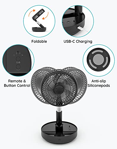 Primevolve Portable Oscillating Standing Fan,Rechargeable Battery Operated USB Floor Table Desk Fan with Remote, 4 Speed Settings Pedestal Fans for Bedroom Office Camping Fishing Travel Black 7.7"