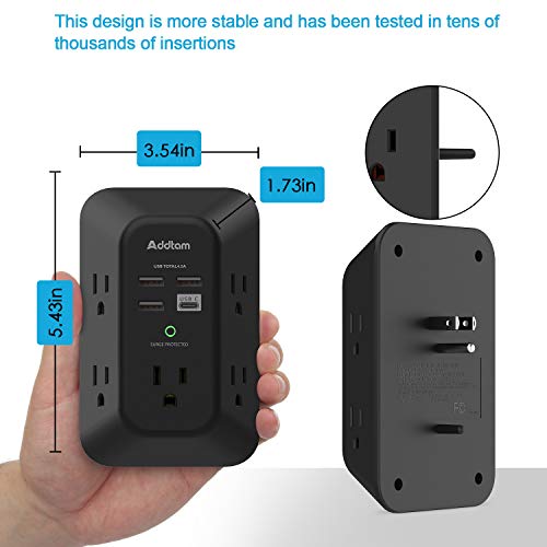 2 Pack Addtam USB Wall Charger Surge Protector, 5 Outlet Extender with 4 USB Charging Ports (1 USB C Outlet) 3 Sided 1800J Power Strip Multi Plug Outlets, Wall Adapter Spaced for Home Office, Black