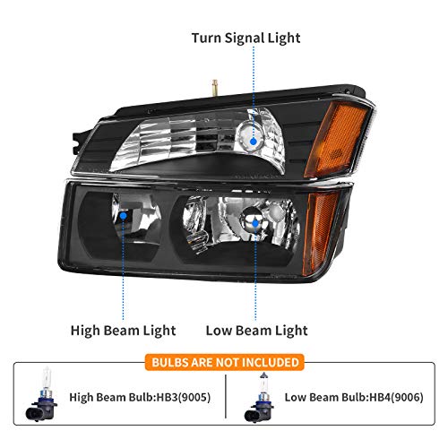 DWVO Headlight Assembly Compatible with 2002 2003 2004 2005 2006 Chevy Avalanche 1500/2500 Pickup Headlamp Replacement Black Housing Amber Reflector Clear Lens (Only Fit for BODY CLADDING)