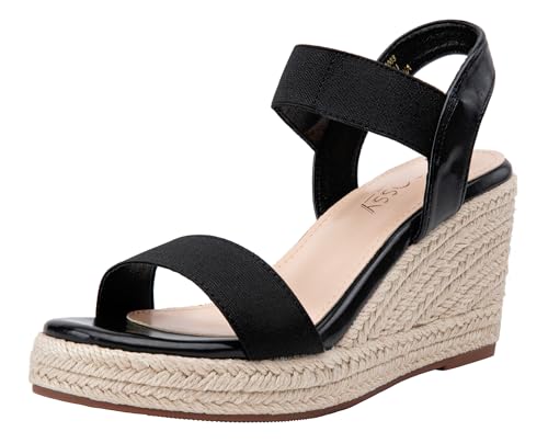 Jeossy Women's 8801 Black Wedge Sandals for Women,Ankle Strap Espadrille Sandals for Women Dressy Summer Size 6(DJY8801 Black 06)