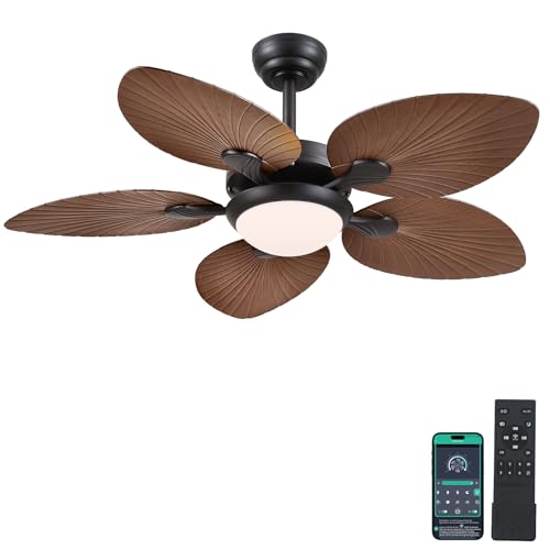 Wiviniya Tropical Ceiling Fans with Lights, 44 Inch Indoor Outdoor Palm Leaf Ceiling Fan for Patios Porch Bedroom, Remote/APP Control, Dimmable, 6 Speeds, Reversible, Brown