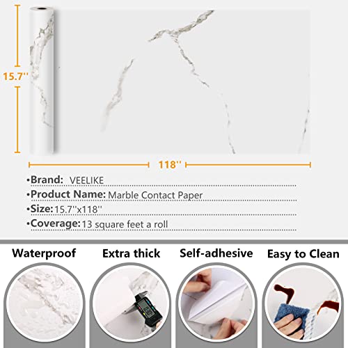 VEELIKE 15.7''x118'' White Marble Contact Paper for Countertops Waterproof Self Adhesive Matte Marble Wallpaper Peel and Stick Countertops for Kitchen Counter Top Covers for Bathroom Table Cabinets