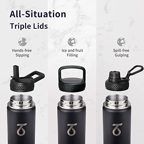 Trebo 24 oz Water Bottle Insulated with Lid and Straw,Double Wall Vacuum Stainless Steel Metal Tumbler Sports Flask with Paracord Handle, Keep Hot 24 Hours & Cold 48 Hours Water Cup with 3 Lids, Black