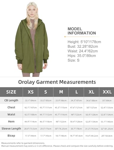 Orolay Women's Windproof Rain Jacket Outdoor Softshell Windbreaker with Hood Insulated Long Outwear Utility Anorak Coat Armygreen Small