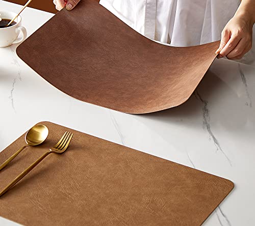 RENMTURE Faux Leather Placemats Set of 4, with 4 Cup mats, Washable Place mats, Table mats for Kitchen Dining Restaurant Coffee Shop Choco Brown, Oval