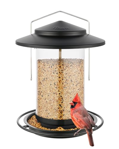 iBorn Metal Bird Feeder for Outside Hanging,Wild Bird Feeders for Cardinal,18cm Large Roof&Tray Black 6 Port (Seed is not Included)