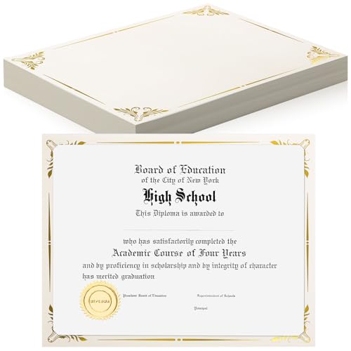 Fainne 50 Pcs Single Sided Certificate Holder Diploma Covers with Foil Border for 8.5 x 11 Inches Certificates Cardstock Document Papers Back to School Award Competition Supplies(Beige, Gold)