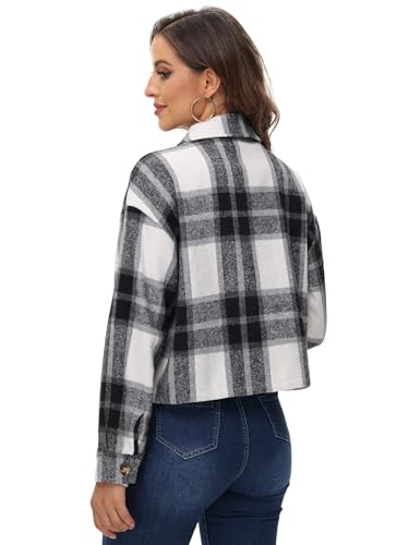URBEST Women's Cropped Oversized Plaid Shacket | Cozy Long Sleeve Button Down Jacket with Pockets for Casual Style Grey L