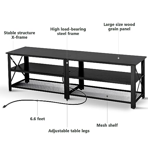 Clikuutory Modern Black 63 inch Metal TV Stand with LED Lights and Power Outlets for 40 50 55 60 65 70 Inch TVs, 3 Tier Television Stands with Entertainment Center and Storage for Living Room, Bedroom