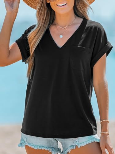 CUPSHE Women Tops Onyx V-Neck Short Sleeve Tee Front Pocket Shirt Solid Tee Casual Dressy XS