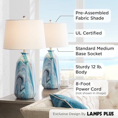 360 Lighting Carlton Modern Coastal Table Lamps 28" Tall Set of 2 Swirling Blue Faux Marble White Tapered Drum Shade for Bedroom Living Room House Home Bedside Nightstand Office Kids Family