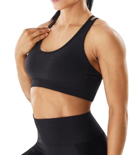 JOYSPELS Sports Bras for Women Seamless Strap Adjustable Medium Support Open Back Workout Tops