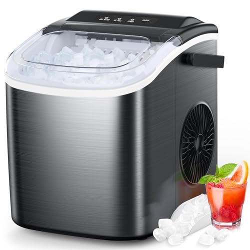 COWSAR Ice Maker Countertop, Stainless Steel Ice Maker Machine with Self-Cleaning, 26.5lbs/24Hrs, 6 Mins/9 Pcs Bullet Ice, Portable Ice Maker for Kitchen/Home/Office/Party/RV