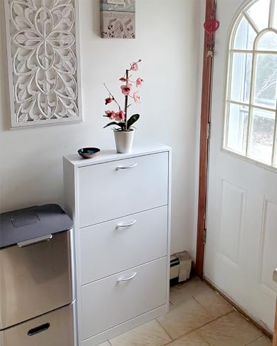 HOPUBUY Shoe Cabinet for Entryway, Narrow Shoe Storage Cabinet, Hidden Rattan Shoe Cabinet Wood 3 Tier Slim Shoe Rack for Home and Apartment, Nature