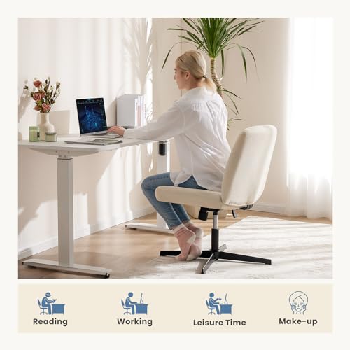 DUMOS Cross Legged Armless Wide Wheels, Modern Home Office Desk Swivel Adjustable Fabric Vanity Chair, Beige