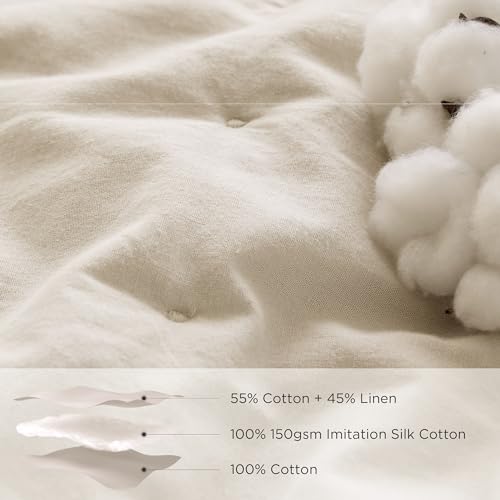 Bedsure Linen Quilt Queen Size, Cotton Linen Blend Queen Quilt Sets Linen Bedspread with Natural Wrinkles-Queen Cotton Linen Bedding Set 3-Piece for All Seasons-White (90x96)