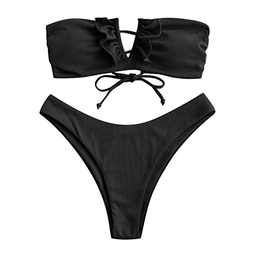 ZAFUL Women's Strapless Wave Textured U Meta Lace Up Tie High Leg Bandeau Two Piece Swimwear(11-Deep Coffee,L)