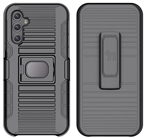 Case with Clip for Galaxy A14 5G (2023), Nakedcellphone Rugged Ring Grip Cover with Stand and [Belt Hip Holster] for Samsung SM-A146 - Black