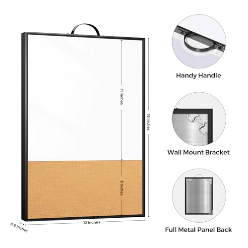 Small White Board Cork Board Combo, 16"x12" Magnetic Dry Erase Board & Bulletin Corkboard with Handle for Wall Hanging, Portable Aluminum Frame Whiteboard with Cork for Office Home School