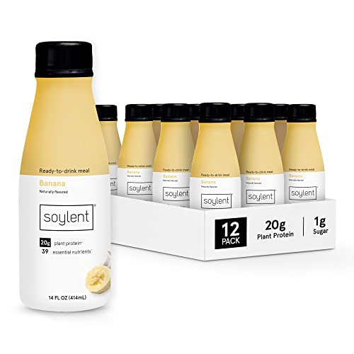 Soylent Banana Meal Replacement Shake, Ready-to-Drink Plant Based Protein Drink, Contains 20g Complete Vegan Protein and 1g Sugar, 14oz, 12 Pack