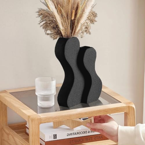 Modern Black Ceramic Vases Set of 2,Twisted Shape Pampas Flower Vase Curved splicable Design Decorative Vase for Flower Living Room, Bedroom, Bookshelf, Fireplace, Coffee Table, Office (Black)