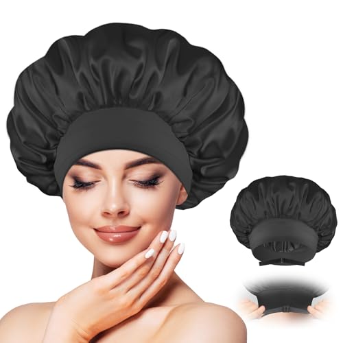 BONNET QUEEN Silk Bonnet for Sleeping for Women Satin Bonnet Double Layer Reversible in 2 Color Adjustable Hair Bonnet Satin Lined Night Sleep Cap for Curly Hair,Black