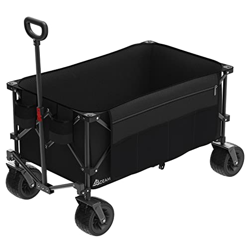 Mdeam 220L Collapsible Foldable Wagon, Heavy Duty Folding Utility Cart with Big All-Terrain Beach Wheels, Cup Holders, Side Pockets and Adjustable Handle for Camping, Garden, Sports, Shopping (Black)