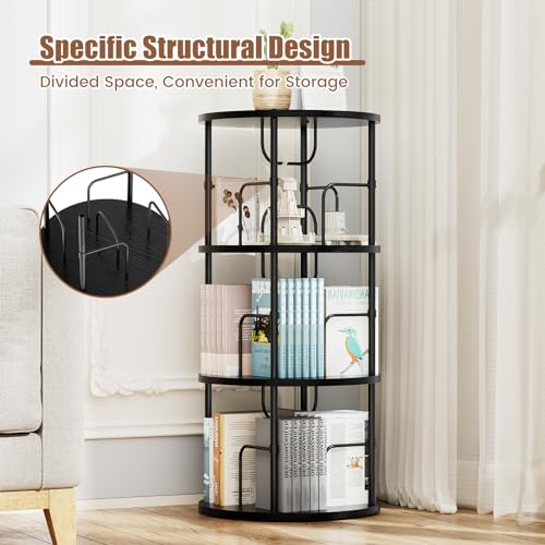 Rotating Bookshelf, 3 Tier Round Revolving Bookcase with Special Visible Partition Storage, 360° Display Spinning Bookshelf Tower Storage Organizer Rack for Bedroom, Living Room, Small Space, Black