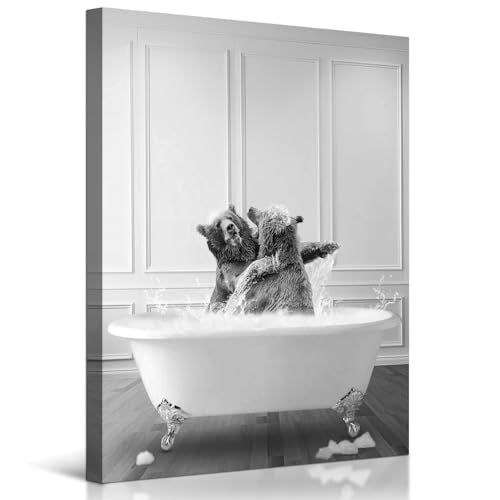 Funny Bathroom Decor Wall Art Black and White Canvas Prints Two Bears Fighting in Bathtub Rustic Style Animal Poster Artwork for Bathroom Powder Room Restroom Decoration Farmhouse Wall Decor 12x16inch