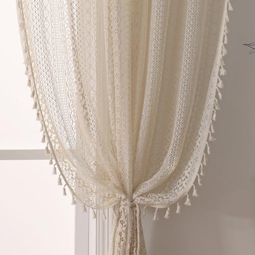 WAZZIO Boho Crochet Semi-Sheer Curtains - 108 Inch Long, 2 Panel Sets - Farmhouse Vintage Geometry Knitted Lace Beige Drapes with Retro Tassel for Living Room & Bedroom