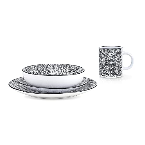 Stone Lain Sophie Rustic Stoneware Dinnerware Service for 4, Black and White Textured, 16 Pieces