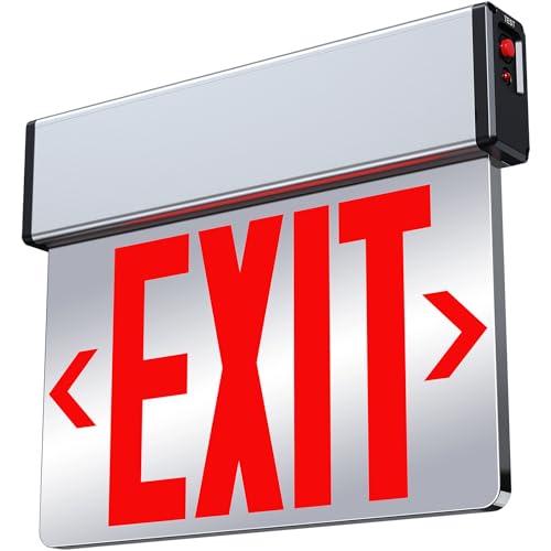 Red Led Edge Lit Exit Sign UL Listed, Brushed Aluminum Housing Double-Sides Mirrored Acrylic Emergency Exit Signs with Battery Backup, AC 120-347V Hardwired Exit Lights, Top/Side/Wall Mount (1 Pack)