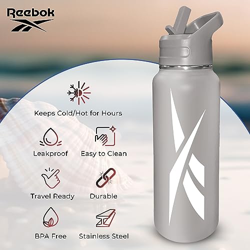 Reebok Stainless Steel Water Bottle With Straw Cap & Athletic Design - 32 oz - Double Wall Vacuum Insulated Sports Water Bottle With Straw, BPA Free (Grey with White Vector)