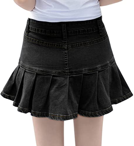 Tanming Women's Pleated Jean Skirt Casual A-Line Ruffle Y2K Mini Denim Skirt (Black-XS)