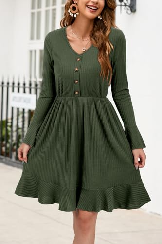 ULTRANICE Womens Fall Sweater Dresses 2024 Trendy Long Sleeve Buttons V Neck Ruffle Casual Semi Formal Wedding Guest Outfits Clothes Winter Midi Dress(Army,M)