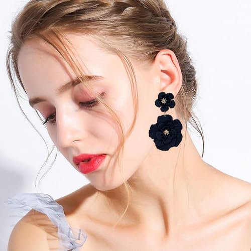 Just Follow Large Double Flower Earrings Candy Color Metal Flower Dangle Earrings Romantic Boho Sweet Flower Statement Earrings for Women Girl Wedding Party Jewelry (Black)