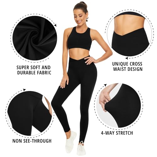 Crossover Leggings for Women Tummy Control - Soft High Waisted Leggings Non See-Through Cross Waist Tights Workout Running Yoga Pants (Yy3 Pack-Black,Navy Blue,camo, Large-X-Large)