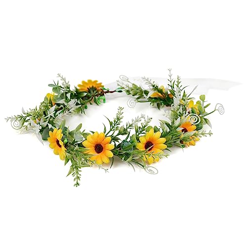 WOVOWOVO Sunflower Crowns For Girls Women, Bridal Daisy Flower Leaf Crown Bride Hair Accessories Floral Wreath Headband With Ribbon For Wedding Birthday Vacation Party Festival Photo Prop